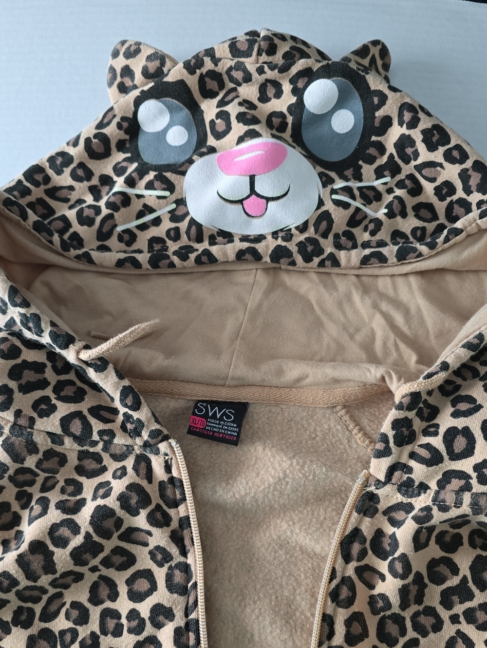 SWS Leopard Print Character Zip Up Hoodie Animal Ears Size XL